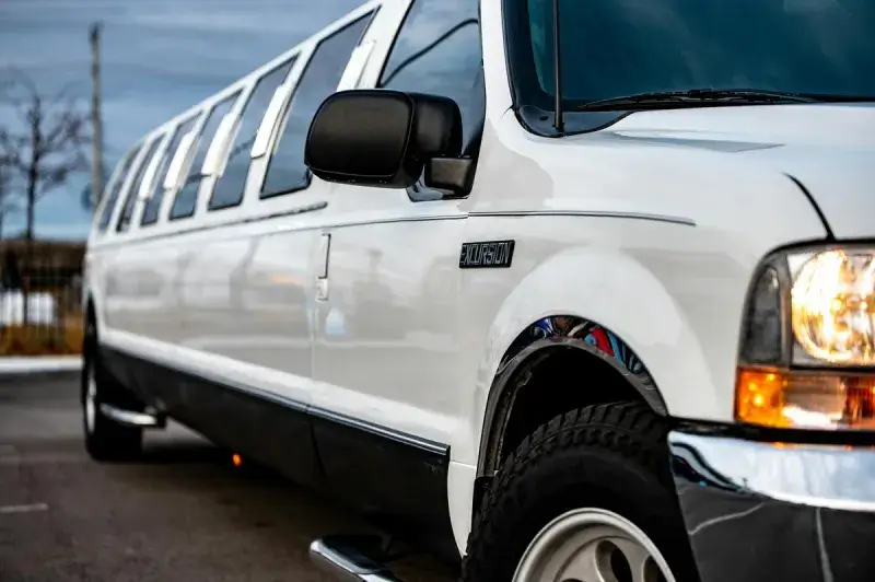 A white stretch limousine closeup photo | NY City Limo